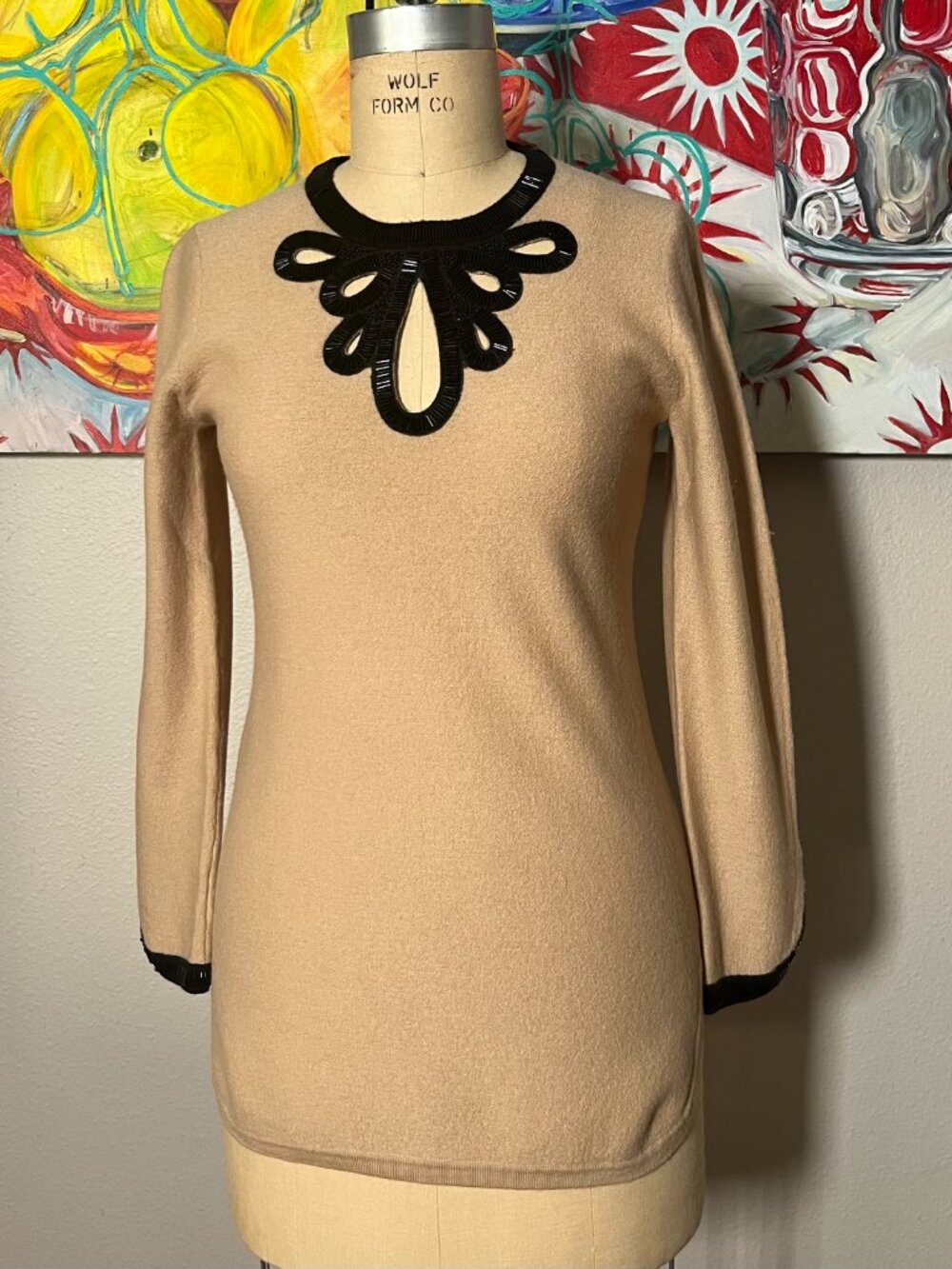 Tory Burch Embellished Beaded Collar Wool Sweater Tunic